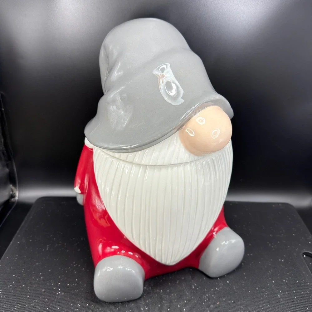 Pottery Barn Christmas Gnome Cookie Jar Red Canister Ceramic Holiday Large NEW